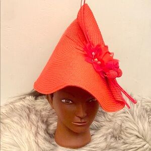 Hand Crafted Red Wide-Brimmed Hat with Floral Accent